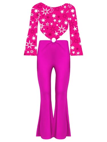 TiaoBug Mädchen 60er 70er Jahre Hippie Kostüm Blumenmuster Jumpsuit Overall Glockenärmel Shirt Top Hoher Bund Schlaghose Disco Pants Rosa 110-116 von TiaoBug