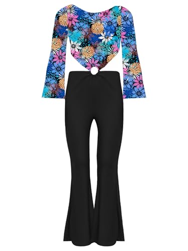 TiaoBug Mädchen 60er 70er Jahre Hippie Kostüm Blumenmuster Jumpsuit Overall Glockenärmel Shirt Top Hoher Bund Schlaghose Disco Pants Schwarz 134-140 von TiaoBug