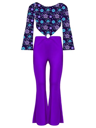 TiaoBug Mädchen 60er 70er Jahre Hippie Kostüm Blumenmuster Jumpsuit Overall Glockenärmel Shirt Top Hoher Bund Schlaghose Disco Pants Violett 122-128 von TiaoBug