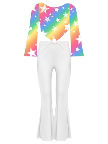 TiaoBug Mädchen 60er 70er Jahre Hippie Kostüm Blumenmuster Jumpsuit Overall Glockenärmel Shirt Top Hoher Bund Schlaghose Disco Pants Weiß 122-128 von TiaoBug