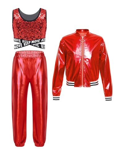 TiaoBug Mädchen 80er Jahre Trainingsanzug Retro Kostüm Metallic Jogger Jogginganzug Jacke und Hose Pailletten Crop Top Disco Jazz Tanz Outfits Rot 134-140 von TiaoBug