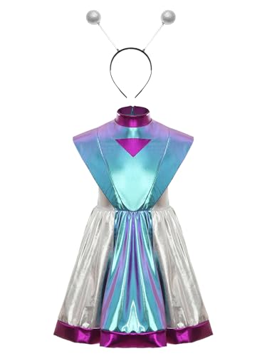 TiaoBug Mädchen Alien Kostüm Kurzarm Lack Leder Kleid Farbblock Rollkragen Partykleid mit Faltenrock Space Heldin Haarreifen Weltraum Cosplay Outfits Blau Silber 170 TiaoBug Mädchen Alien Kostüm Kurzarm Lack Leder Kleid Farbblock Rollkragen Partykleid mit Faltenrock Space Heldin Haarreifen Weltraum Cosplay Outfits Blau Silber 170 von TiaoBug
