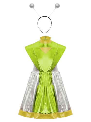 TiaoBug Mädchen Alien Kostüm Kurzarm Lack Leder Kleid Farbblock Rollkragen Partykleid mit Faltenrock Space Heldin Haarreifen Weltraum Cosplay Outfits Grün Silber 170 TiaoBug Mädchen Alien Kostüm Kurzarm Lack Leder Kleid Farbblock Rollkragen Partykleid mit Faltenrock Space Heldin Haarreifen Weltraum Cosplay Outfits Grün Silber 170 von TiaoBug