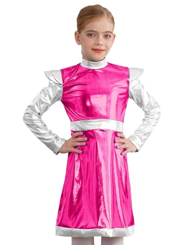 TiaoBug Mädchen Alien Kostüm Metallic Kleider Langarm Partykleid Lack Leder Optik Farbblock Festkleider Halloween Cosplay Outfits Hot Pink 170 von TiaoBug