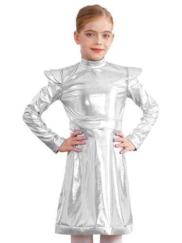 TiaoBug Mädchen Alien Kostüm Metallic Kleider Langarm Partykleid Lack Leder Optik Farbblock Festkleider Halloween Cosplay Outfits Silber 134-140 von TiaoBug