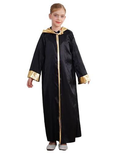 TiaoBug Mädchen Alien Kostüm Satin Kapuzenjacke Loose fit Robe Tunika Kleid Maxi Lang Umhang Cape Halloween Cosplay Outfits Schwarz 122-128 von TiaoBug