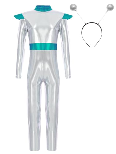 TiaoBug Mädchen Astronaut Kostüm Alien Cosplay Uniformen Metallic Ganzkörperanzug Langarm Jumpsuit Overall Ballett Tanz Gymnastik Turn Leotard mit Stirnband Silber 110-116 von TiaoBug