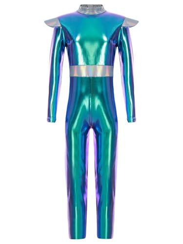 TiaoBug Mädchen Astronaut Kostüm Alien Cosplay Uniformen Metallic Ganzkörperanzug Langarm Rollkragen Jumpsuit Overall Ballett Tanz Gymnastik Turn Leotard Blau 146-152 von TiaoBug