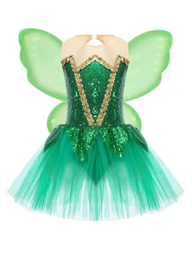 TiaoBug Mädchen Ballettkleidung Set Prinzessin Kleider Feen Kostüm Flügel Cosplay Tutu Rock Party Festzug Fasching Halloween Verkleidung gr. 110-170 Grün 146-152 von TiaoBug