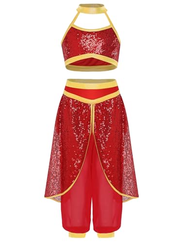 TiaoBug Mädchen Bauchtanz Kostüm Pailletten Neckholder Crop Top und Weites Bein Hose mit Cover Up Rock Prinzessin Tanzkostüm Fasching Verkleidung Rot 158-164 TiaoBug Mädchen Bauchtanz Kostüm Pailletten Neckholder Crop Top und Weites Bein Hose mit Cover Up Rock Prinzessin Tanzkostüm Fasching Verkleidung Rot 158-164 von TiaoBug