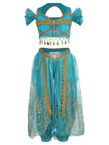 TiaoBug Mädchen Bauchtanz Kostüm Pailletten Schulterfrei Ärmellos Crop Top Hose Kleidung Set Bollywood Bauchtänzerin Cosplay Outfits Pfauenblau 110-116 von TiaoBug