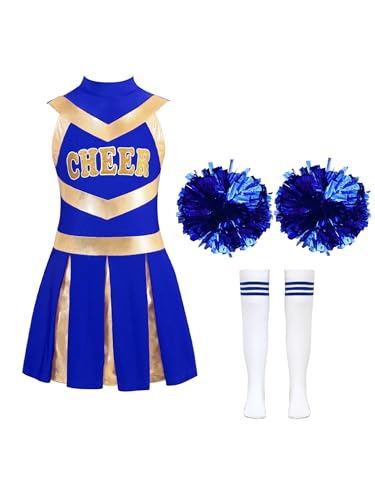 TiaoBug Mädchen Cheerleading Kleid Ärmellos Rollkragen Tanzkleid mit Cheer Buchstaben Sport College Strümpfe Pompons Wettkampf Outfits A Blau 122-128 von TiaoBug