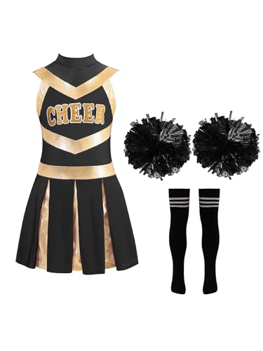 TiaoBug Mädchen Cheerleading Kleid Ärmellos Rollkragen Tanzkleid mit Cheer Buchstaben Sport College Strümpfe Pompons Wettkampf Outfits A Schwarz 122-128 von TiaoBug