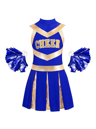 TiaoBug Mädchen Cheerleading Kostüm Cheerleaderin Kleid mit Pompons Glänzend Streifen Tanzkleider Fußball Basketball Beifall Outfits A Blau 110-116 von TiaoBug