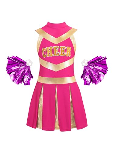 TiaoBug Mädchen Cheerleading Kostüm Cheerleaderin Kleid mit Pompons Glänzend Streifen Tanzkleider Fußball Basketball Beifall Outfits A Hot Pink 110-116 von TiaoBug