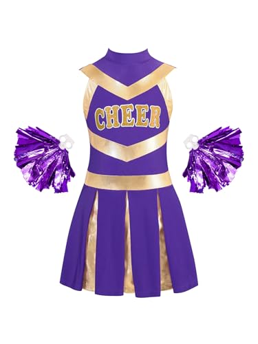 TiaoBug Mädchen Cheerleading Kostüm Cheerleaderin Kleid mit Pompons Glänzend Streifen Tanzkleider Fußball Basketball Beifall Outfits A Lila 110-116 von TiaoBug