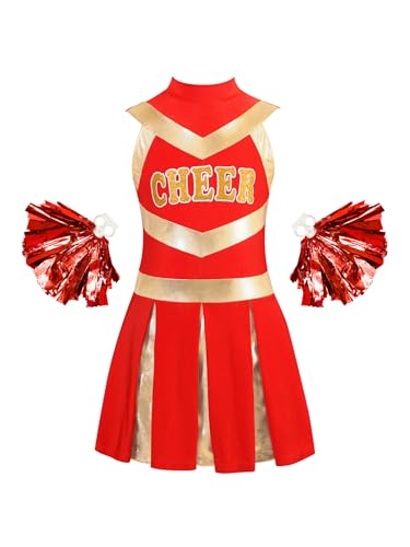 TiaoBug Mädchen Cheerleading Kostüm Cheerleaderin Kleid mit Pompons Glänzend Streifen Tanzkleider Fußball Basketball Beifall Outfits A Rot 110-116 von TiaoBug