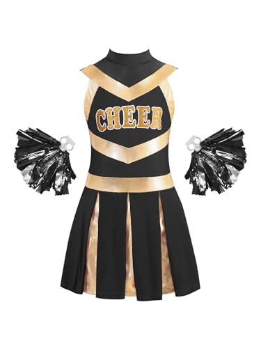 TiaoBug Mädchen Cheerleading Kostüm Cheerleaderin Kleid mit Pompons Glänzend Streifen Tanzkleider Fußball Basketball Beifall Outfits A Schwarz 110-116 von TiaoBug