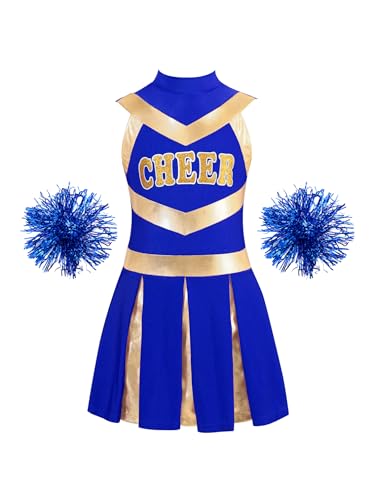 TiaoBug Mädchen Cheerleading Kostüm Cheerleaderin Kleid mit Pompons Glänzend Streifen Tanzkleider Fußball Basketball Beifall Outfits B Blau 110-116 von TiaoBug