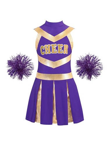 TiaoBug Mädchen Cheerleading Kostüm Cheerleaderin Kleid mit Pompons Glänzend Streifen Tanzkleider Fußball Basketball Beifall Outfits B Lila 110-116 von TiaoBug