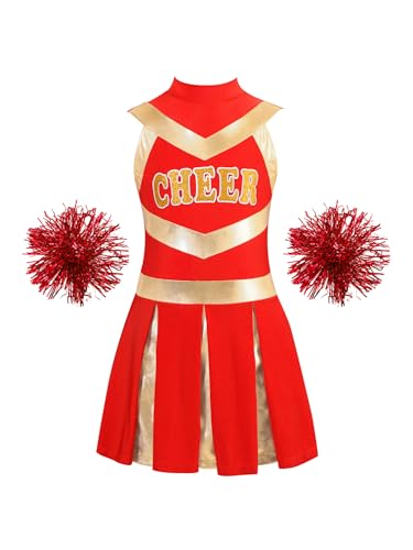 TiaoBug Mädchen Cheerleading Kostüm Cheerleaderin Kleid mit Pompons Glänzend Streifen Tanzkleider Fußball Basketball Beifall Outfits B Rot 110-116 von TiaoBug