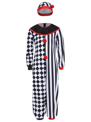 TiaoBug Mädchen Clown Kostüm Langarm Jumpsuit Streifen Schachbrett Overall mit Mütze Loose Fit Ganzkörperanzug Horror Zirkus Halloween Verkleidung Schwarz 110-116 von TiaoBug