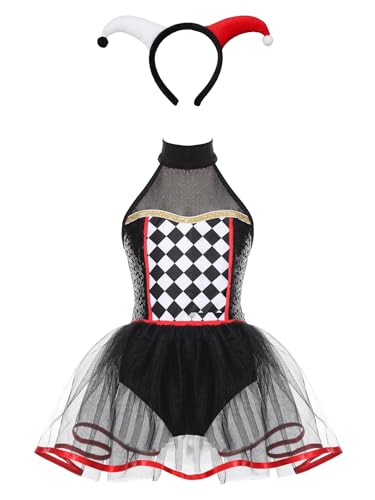 TiaoBug Mädchen Clown Kostüm Weiß Schwarz Kariert Tanzbody Pailletten Leotard Trikot mit Tutu Rock und Haarreifen Fasching Karneval Outfits Rot Weiß 146-152 von TiaoBug