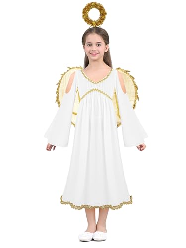 TiaoBug Mädchen Engel Kleid Weihnachtsengel Kostüm Toga Tunika Partykleid mit Engelflügel Heiligenschein Kinder Weihnachten Verkleidung Xmas Neujahr Outfits Gold 104-110 von TiaoBug