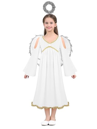 TiaoBug Mädchen Engel Kleid Weihnachtsengel Kostüm Toga Tunika Partykleid mit Engelflügel Heiligenschein Kinder Weihnachten Verkleidung Xmas Neujahr Outfits Silber 104-110 von TiaoBug