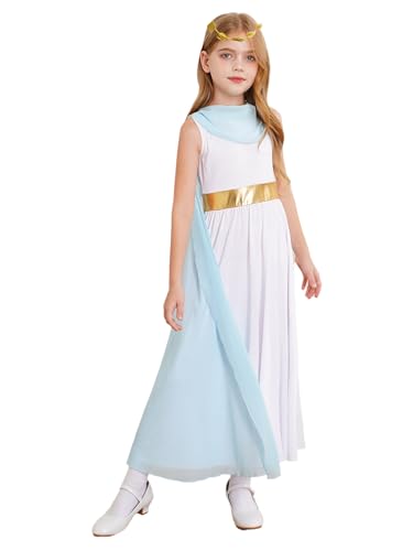 TiaoBug Mädchen Festliches Toga Kleid Kleid mit Chiffon Umschlagtücher Stole Partykleid mit Griechische Königin Lorbeerkranz Krone Römerin Cosplay Outfits Hellblau 110-116 von TiaoBug