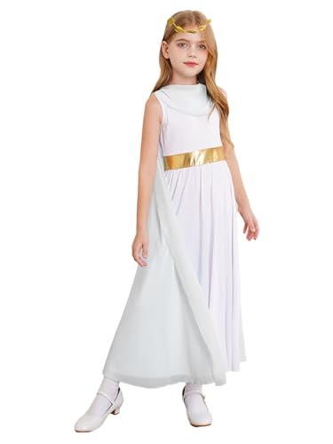 TiaoBug Mädchen Festliches Toga Kleid Kleid mit Chiffon Umschlagtücher Stole Partykleid mit Griechische Königin Lorbeerkranz Krone Römerin Cosplay Outfits Weiß 110-116 von TiaoBug