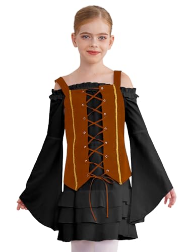 TiaoBug Mädchen Gothic Kleider Schulterfrei Tunika Glockenärmel Kleid mit Volants + Tank Top Corsage mit Schnürung Viktorianische Piraten Cosplay Outfits Schwarz Braun 110-116 von TiaoBug