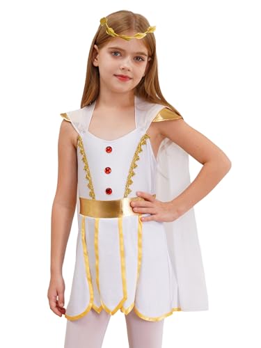 TiaoBug Mädchen Griechische Römische Göttin Kostüm Ärmellos Toga Kleid mit Umschlagtücher und Metallic Armstulpen Heldin Rock Blätter Stirnband Weiß 110-116 von TiaoBug