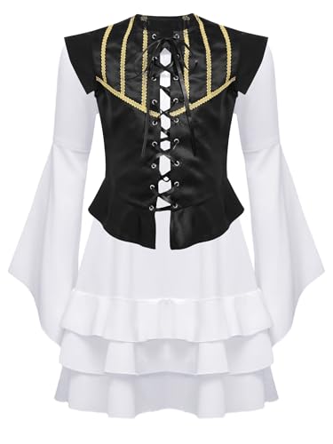 TiaoBug Mädchen Halloween Kostüm Gothic Kleid Mittelalter Renaissance Tunika Trompetenärmel Partykleid mit Schnür Weste Gilet Schwarz A 170 von TiaoBug