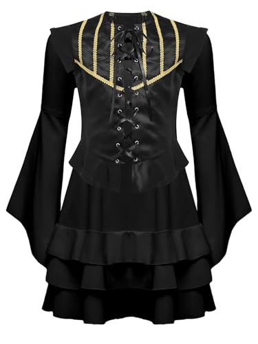 TiaoBug Mädchen Halloween Kostüm Gothic Kleid Mittelalter Renaissance Tunika Trompetenärmel Partykleid mit Schnür Weste Gilet Schwarz B 170 von TiaoBug