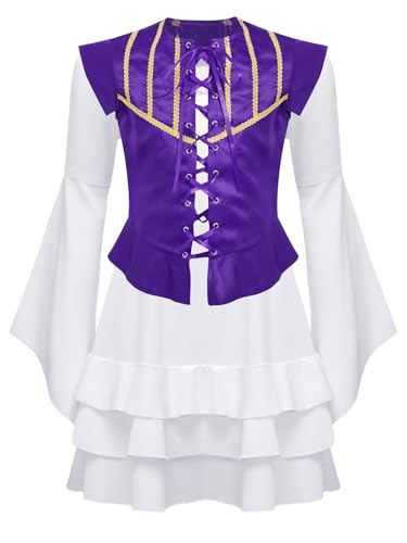 TiaoBug Mädchen Halloween Kostüm Gothic Kleid Mittelalter Renaissance Tunika Trompetenärmel Partykleid mit Schnür Weste Gilet Violett 170 von TiaoBug