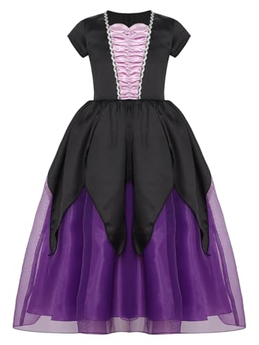 TiaoBug Mädchen Hexe Kostüm Kurzarm Gothic Mittelalter Kleid Festlich Prinzessin Partykleid Midi Lang Festkleider Halloween Fasching Karneval Verkleidung Violett 110-116 von TiaoBug