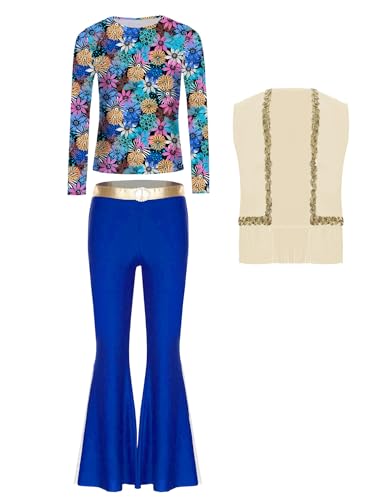 TiaoBug Mädchen Hippie Kleidung 60er 70er Outfit Blumenmuster T-Shirt Bunt Gedruckt Tunika Shirt mit Schlaghose Retro Pants Weste Disco Tanz Kostüm Beige Blau 146-152 TiaoBug Mädchen Hippie Kleidung 60er 70er Outfit Blumenmuster T-Shirt Bunt Gedruckt Tunika Shirt mit Schlaghose Retro Pants Weste Disco Tanz Kostüm Beige Blau 146-152 von TiaoBug