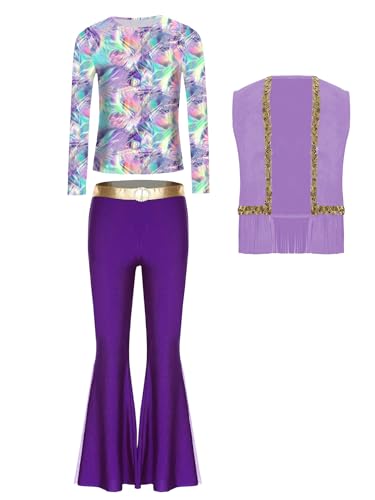 TiaoBug Mädchen Hippie Kleidung 60er 70er Outfit Blumenmuster T-Shirt Bunt Gedruckt Tunika Shirt mit Schlaghose Retro Pants Weste Disco Tanz Kostüm Lavendel Lila 170 TiaoBug Mädchen Hippie Kleidung 60er 70er Outfit Blumenmuster T-Shirt Bunt Gedruckt Tunika Shirt mit Schlaghose Retro Pants Weste Disco Tanz Kostüm Lavendel Lila 170 von TiaoBug