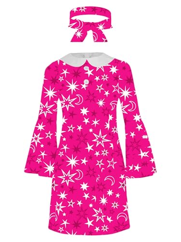 TiaoBug Mädchen Hippie Kleidung 60er 70er Outfit Glockenärmel T-Shirt Shirtkleider Gedruckt Tunika Kleid mit Stirnband Disco Tanzkleider Retro Kostüm Hot Pink 110-116 von TiaoBug