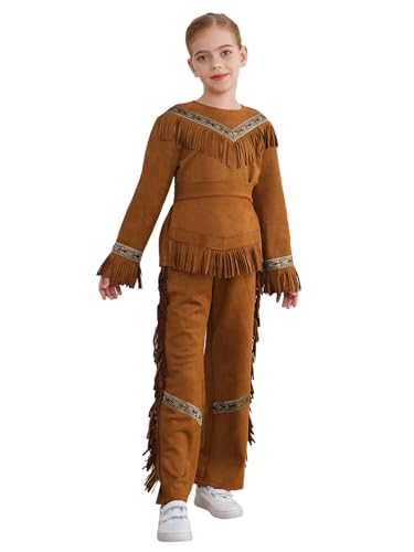 TiaoBug Mädchen Indianerin Kostüm Indianer Langarmshirt mit Lange Hose und Shorts mit Fransen 3 Pcs Bekleidungsset Halloween Cosplay Outfits Braun 110-116 von TiaoBug