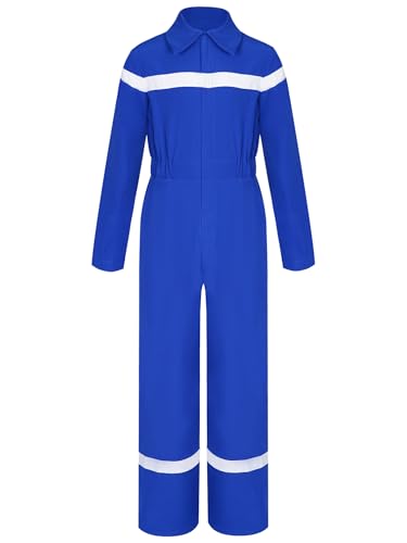 TiaoBug Mädchen Jungen Feuerwehrmann Kostüm Langarm Hemd Body Ganzkörperanzug Arbeitsoverall mit Streifen Einteiler Jumpsuit Overall Blau 134-140 von TiaoBug