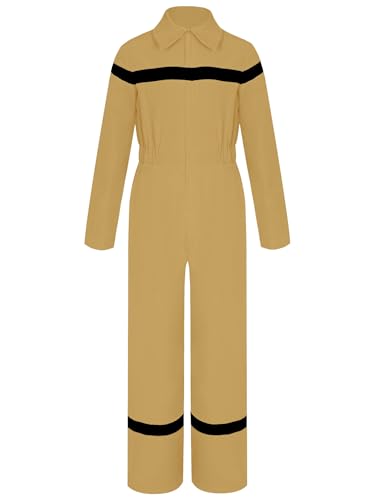 TiaoBug Mädchen Jungen Feuerwehrmann Kostüm Langarm Hemd Body Ganzkörperanzug Arbeitsoverall mit Streifen Einteiler Jumpsuit Overall Khaki 122-128 von TiaoBug