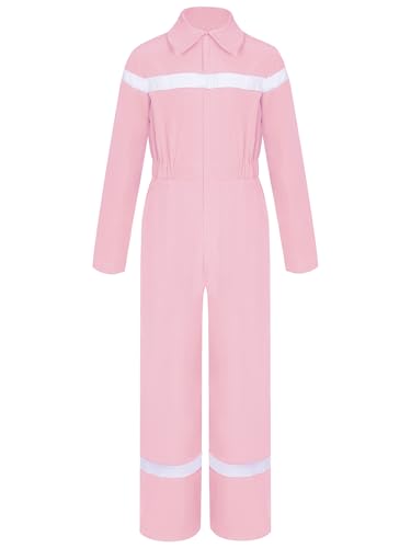 TiaoBug Mädchen Jungen Feuerwehrmann Kostüm Langarm Hemd Body Ganzkörperanzug Arbeitsoverall mit Streifen Einteiler Jumpsuit Overall Rosa 122-128 von TiaoBug