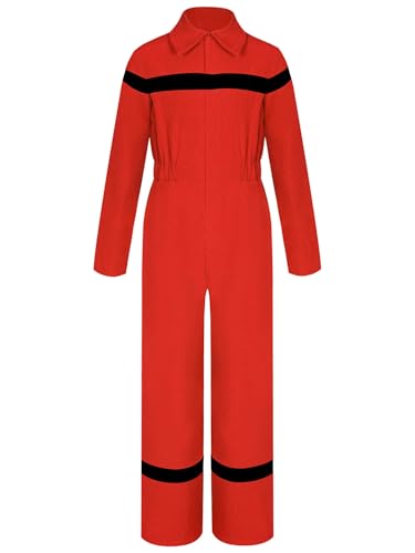 TiaoBug Mädchen Jungen Feuerwehrmann Kostüm Langarm Hemd Body Ganzkörperanzug Arbeitsoverall mit Streifen Einteiler Jumpsuit Overall Rot 122-128 von TiaoBug