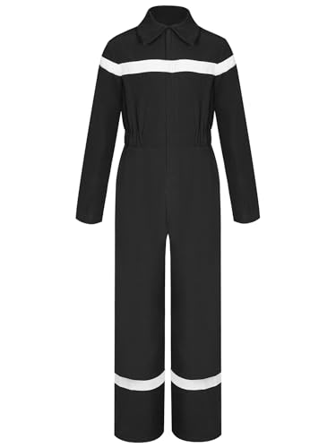 TiaoBug Mädchen Jungen Feuerwehrmann Kostüm Langarm Hemd Body Ganzkörperanzug Arbeitsoverall mit Streifen Einteiler Jumpsuit Overall Schwarz 110-116 von TiaoBug