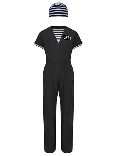 TiaoBug Mädchen Jungen Sträfling Kostüm Kinder Gefangener Anzug Jumpsuit Overalls mit Gestreift Haube Bankräuber Uniform Im Gefängnis Halloween Outfits Schwarz 122-128 von TiaoBug