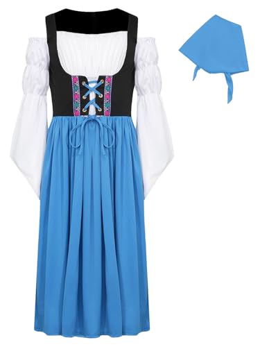 TiaoBug Mädchen Langarm Mittelalter Kleid mit Kopftuch Kinder Prinzessin Partykleid Glockenärmel Scnürkleid Corsagekleid Piratin Vampire Kostüm Blau 164-170 von TiaoBug