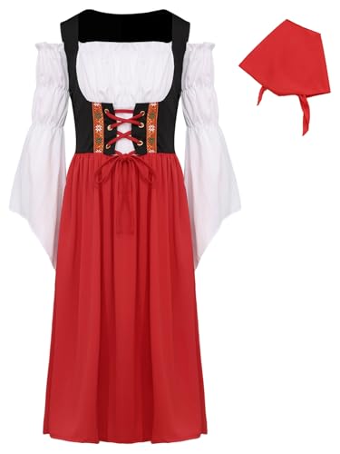 TiaoBug Mädchen Langarm Mittelalter Kleid mit Kopftuch Kinder Prinzessin Partykleid Glockenärmel Scnürkleid Corsagekleid Piratin Vampire Kostüm Rot 104-116 von TiaoBug