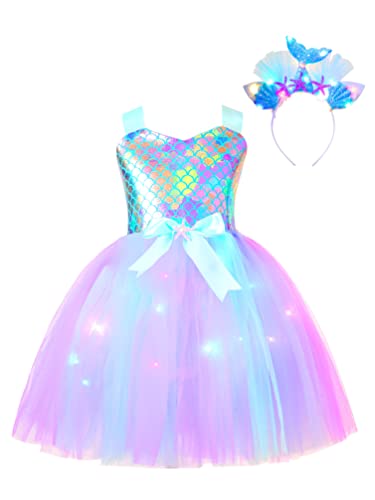 TiaoBug Mädchen Meerjungfrau Kostüm Kinder Prinzessin Kleid Tutu Märchen Motto Party Kleid mit Seestern Schwanz Deko Haarreifen Fasching Karneval Verkleidung Blau Bunt E 80-92 von TiaoBug